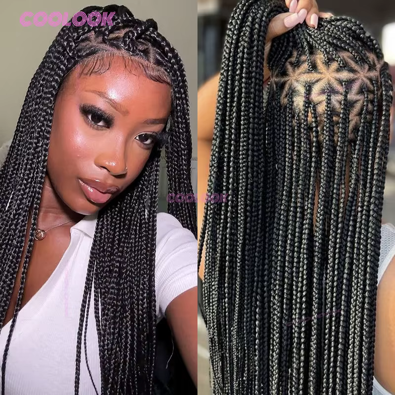 Triangle synthétique tresses cheveux perruque pleine dentelle tressé perruques pour les femmes noires sans noeud boîte