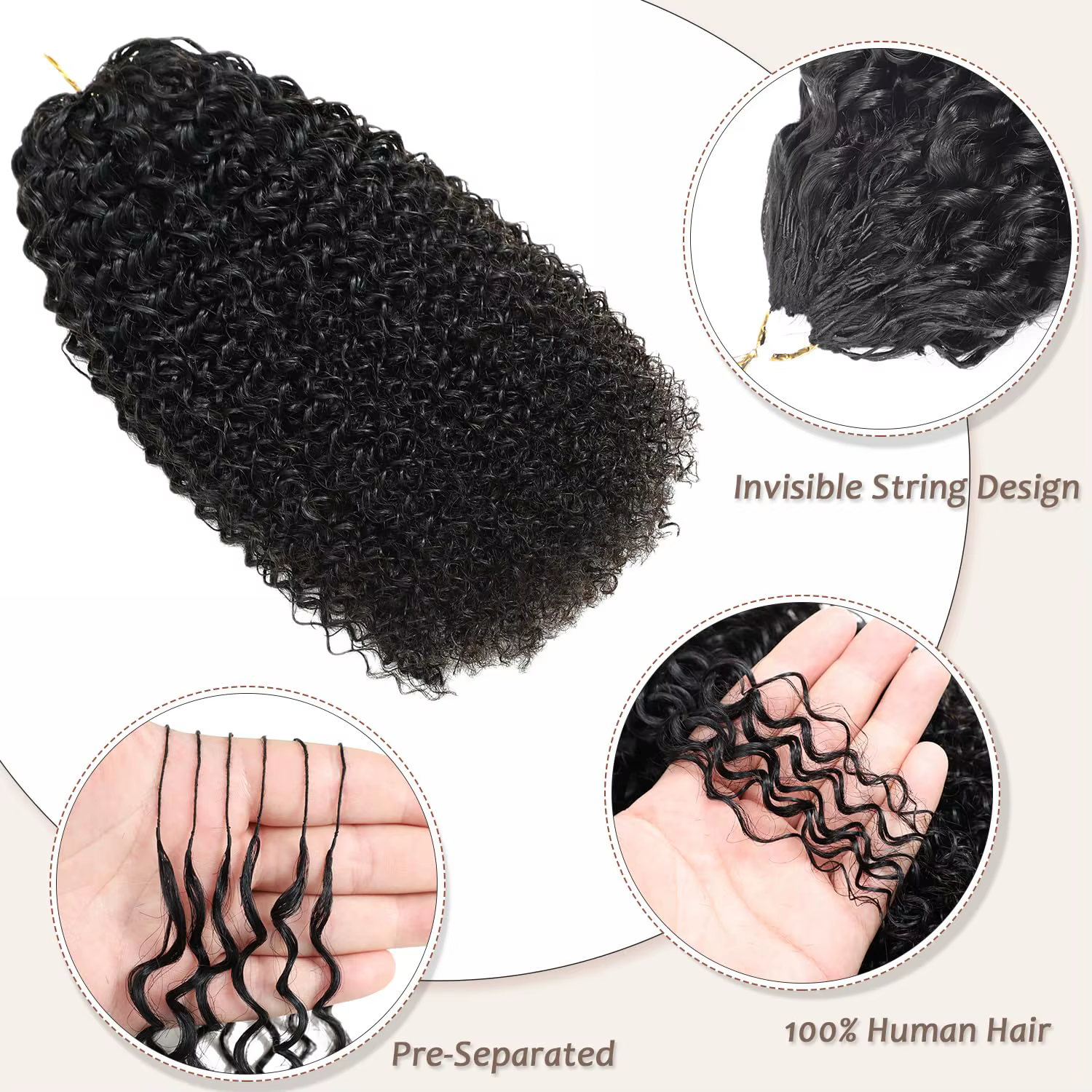 Extensions de cheveux humains bouclés afro pré-séparées au crochet