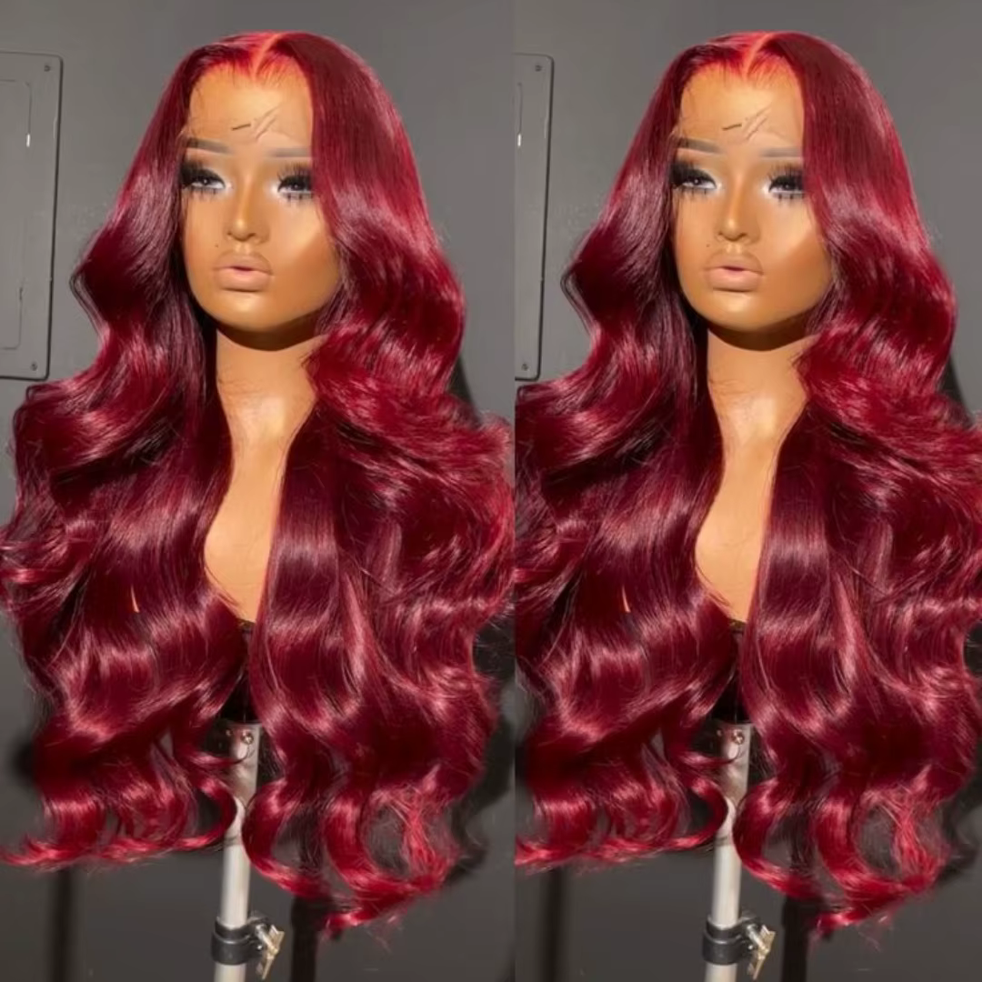 Perruque Lace Frontal Wig synthétique sans colle bordeaux 13x6 HD
