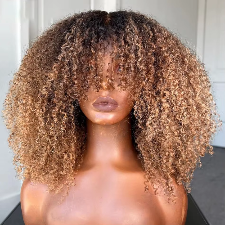 Blonde Afro crépus bouclés Bob perruque cheveux humains fait à la Machine sans colle