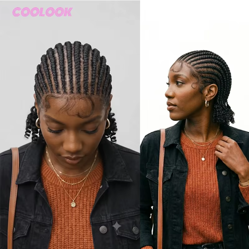Perruque tressée de 8 pouces, cheveux courts tressés, perruque bob bohème, tresses box braids sans nœuds, tresses cornrows avec pointes bouclées, perruque tressée en dentelle pour femmes