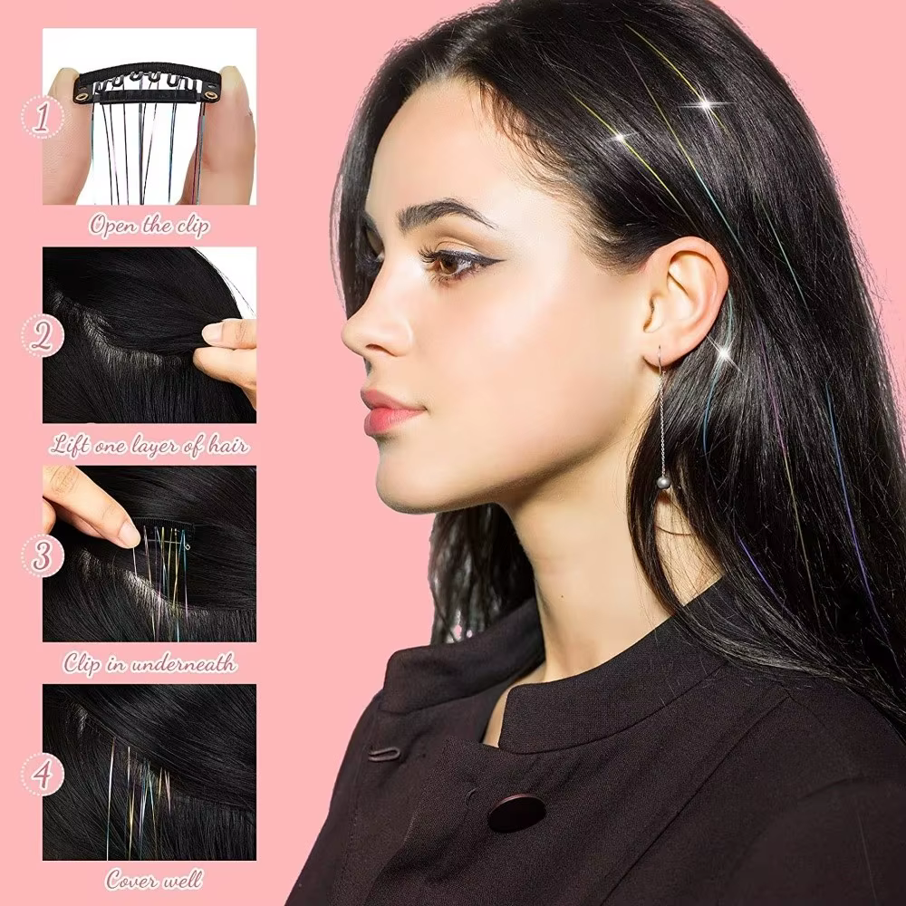 Extensions de cheveux à clipser tendance, mèches colorées brillantes, cheveux de fée, mèches longues et lisses pour filles