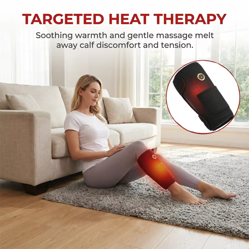 Masseur électrique pour mollets avec fonction chauffante et pétrissante pour la circulation sanguine, la relaxation musculaire et contrôle de la température programmable.