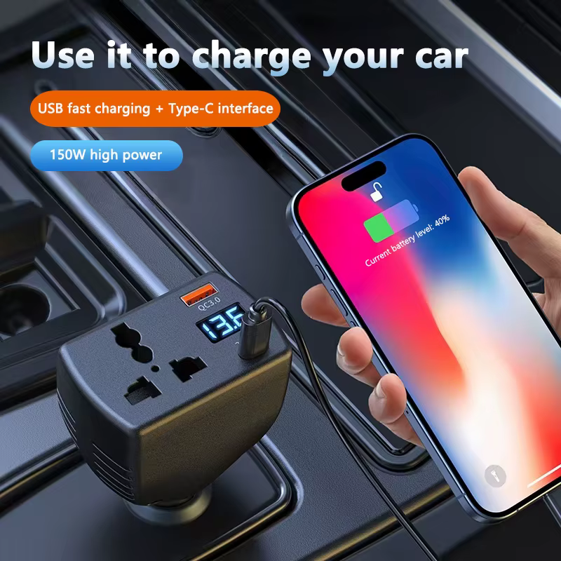 Convertisseur de tension automobile 2025 150W DC 12V vers DC 220V avec chargeur USB pour voiture