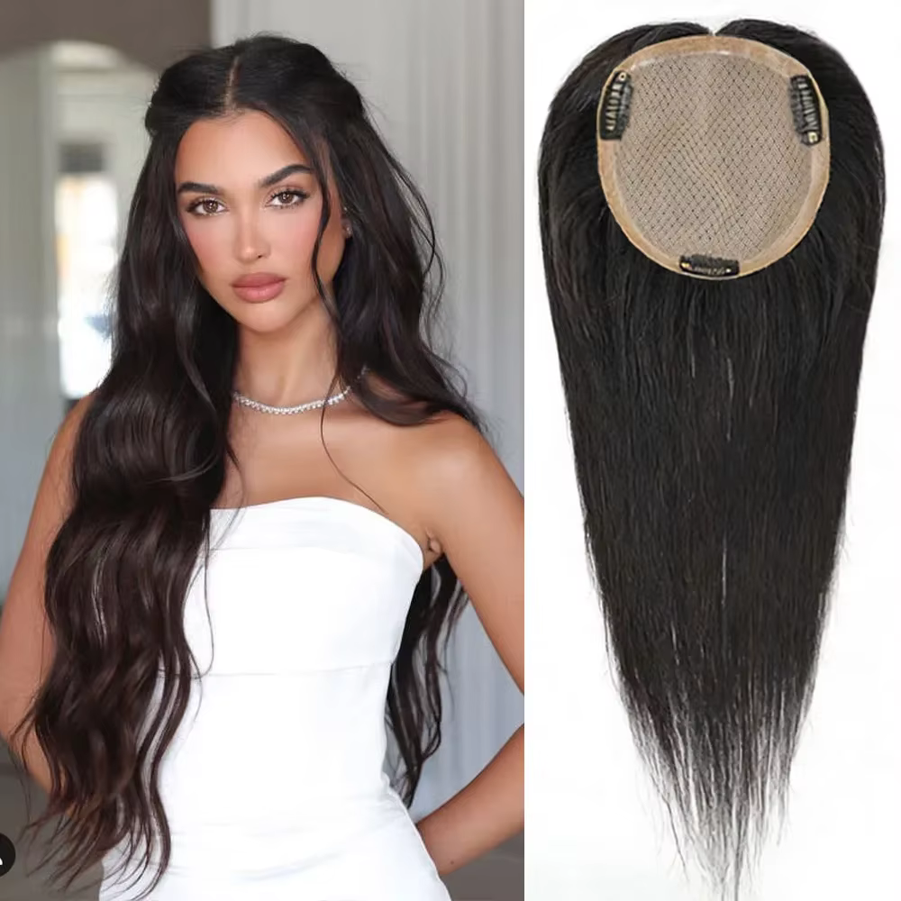 Europe cheveux humains Toppers pour femme cuir chevelu naturel soie Base Topper postiches pour Clips ins Extensions # 1b # 2 # 4 Haute qualité