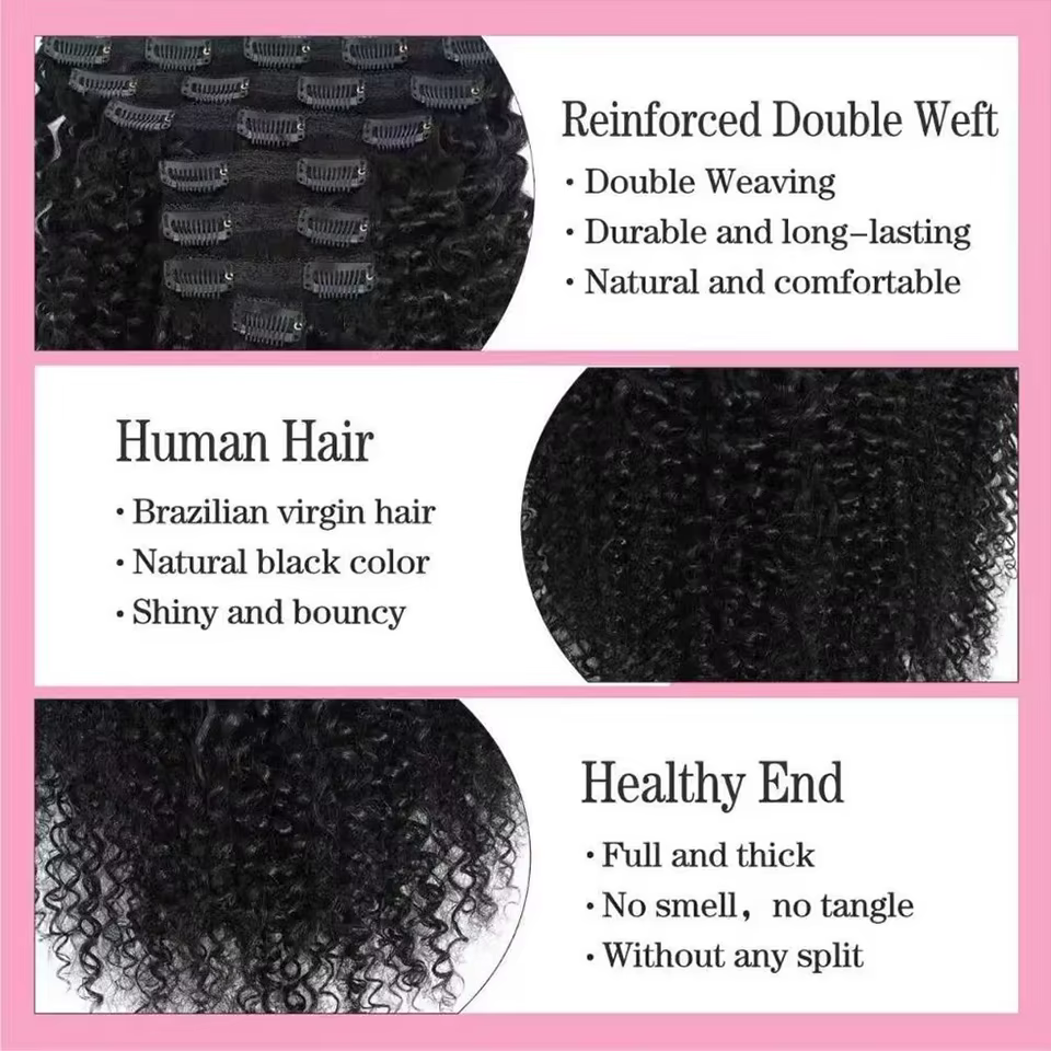 Extensions de cheveux bouclés crépus à clipser 3C 4A Afro Kinky Curly Clip-Ins