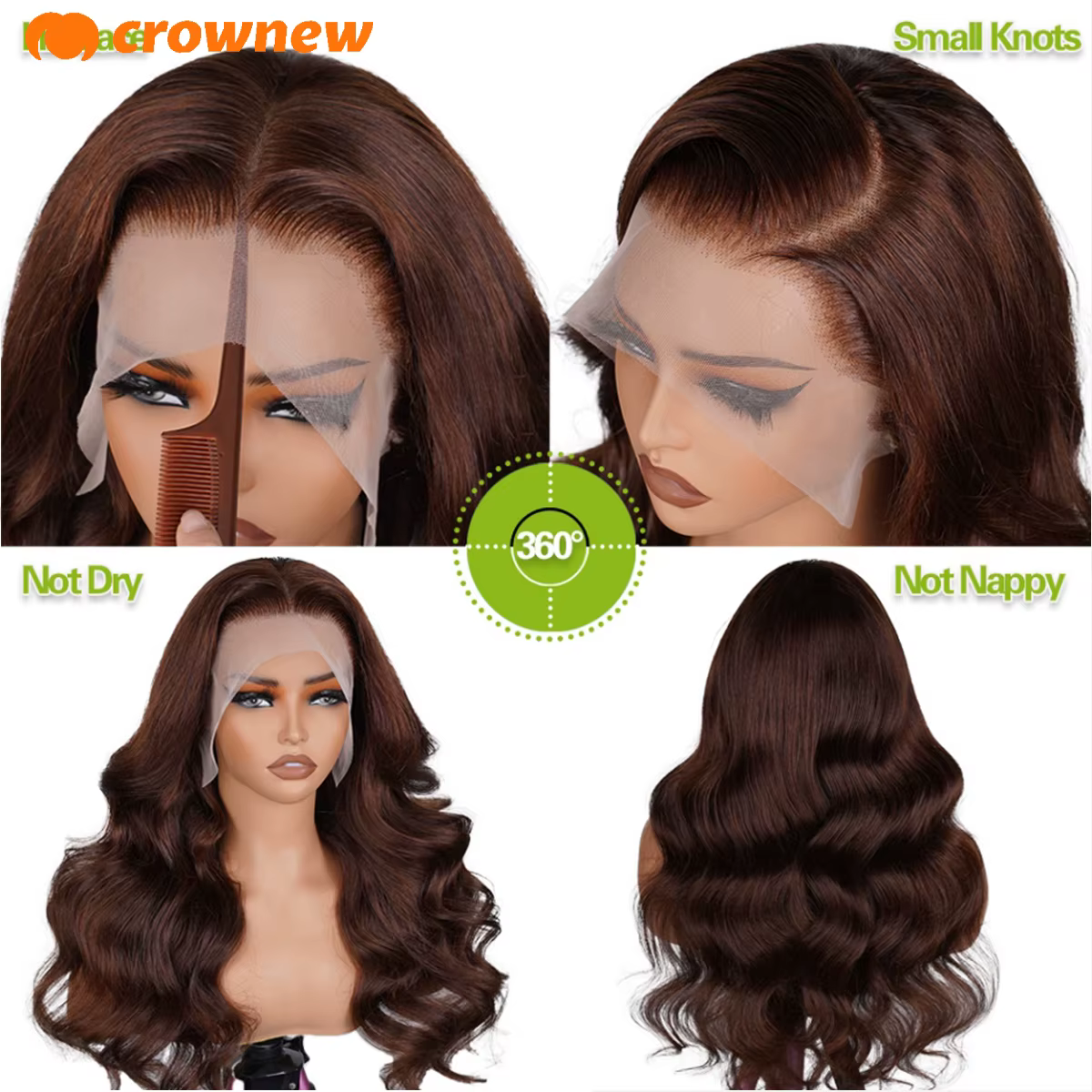 Perruque Lace Front Wig naturelle Body Wave marron chocolat