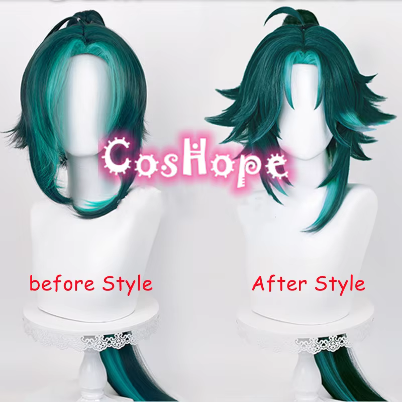Xiao Cosplay perruque cheveux longs 100 cm queue de cheval vert mixte