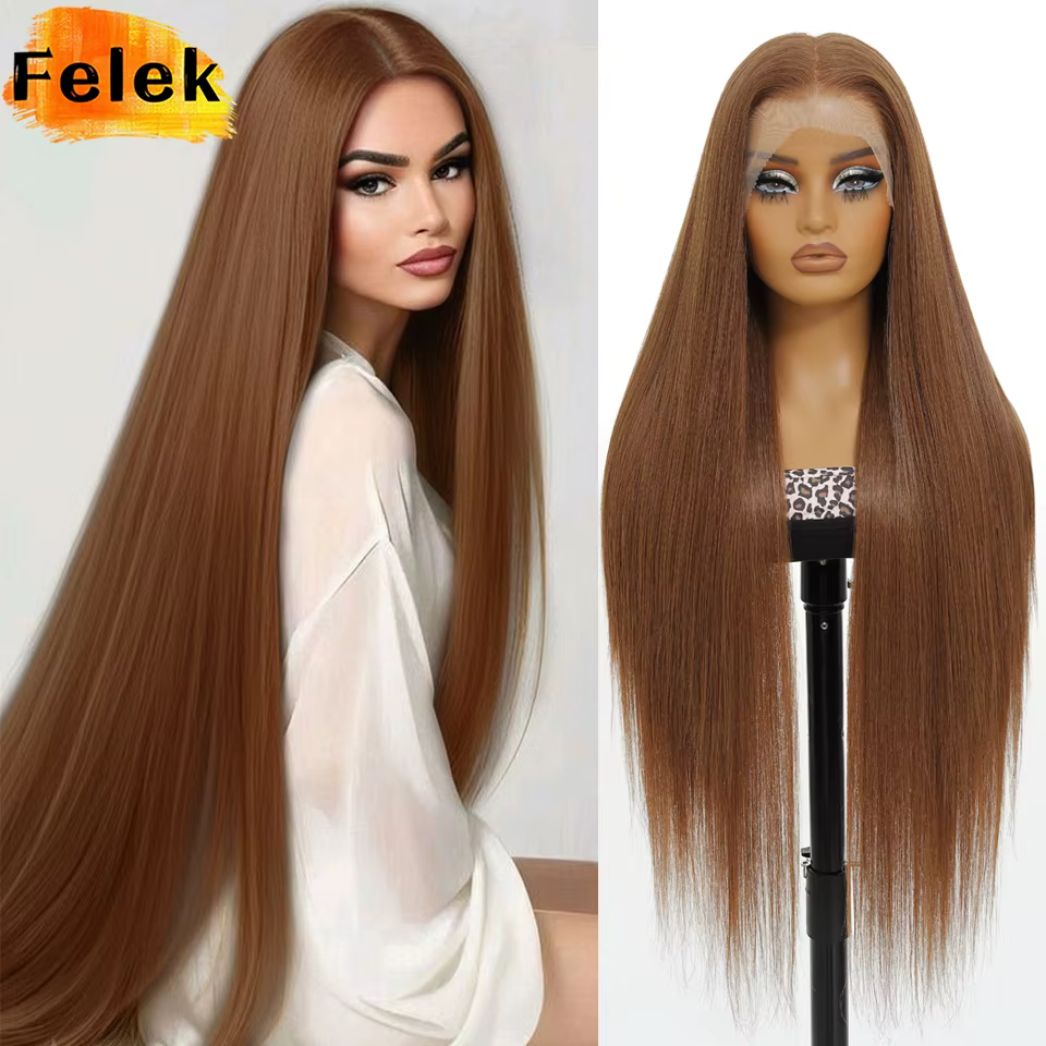 Perruques Lace Frontal 13x6 Marron Super Longues 40 Pouces pour Femmes, Synthétiques Lisses Soyeuses Noires de Haute Qualité, Faciles à Porter, pour Cosplay