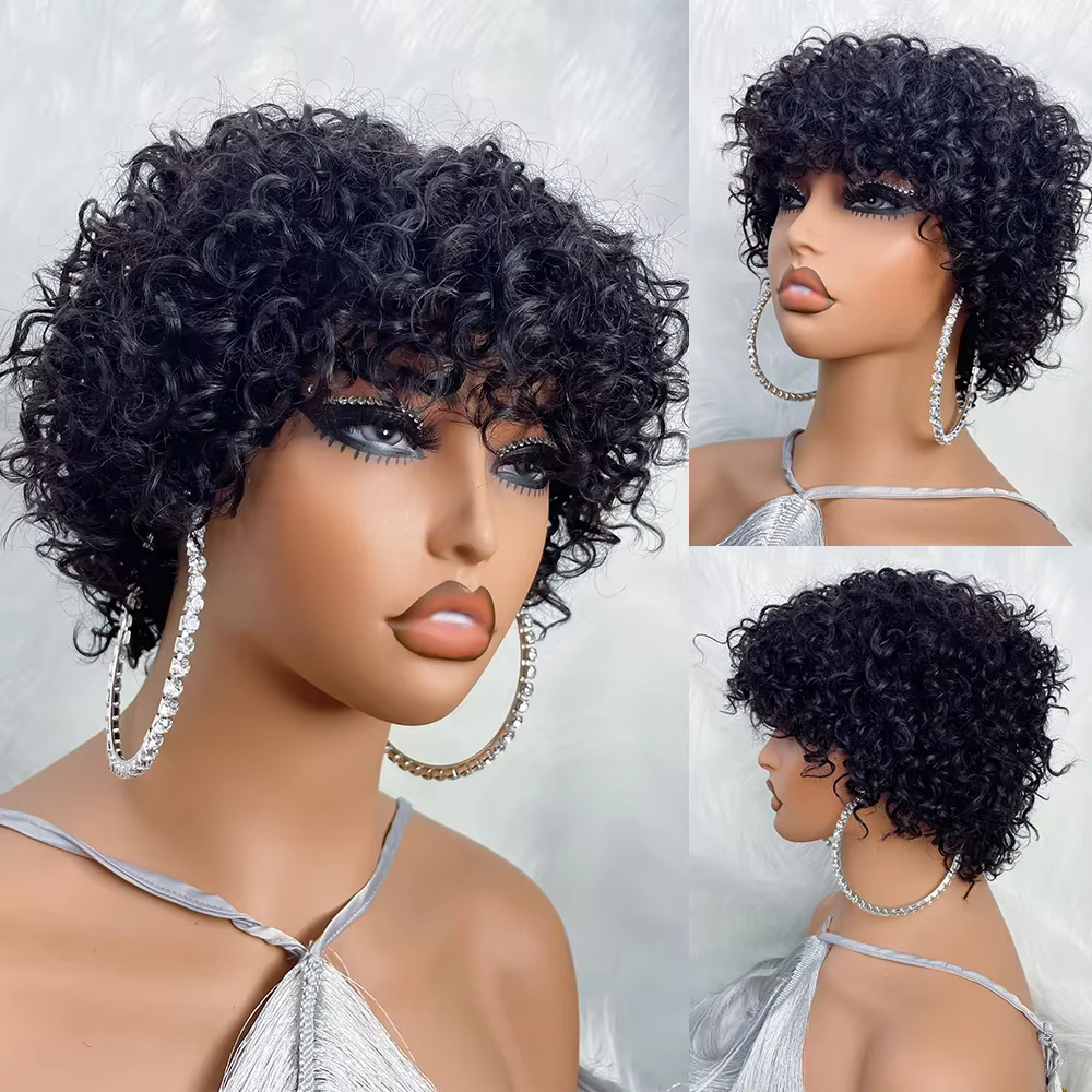 Perruques de cheveux humains coupe lutin pour femmes Afro Rose bouclés Funmi