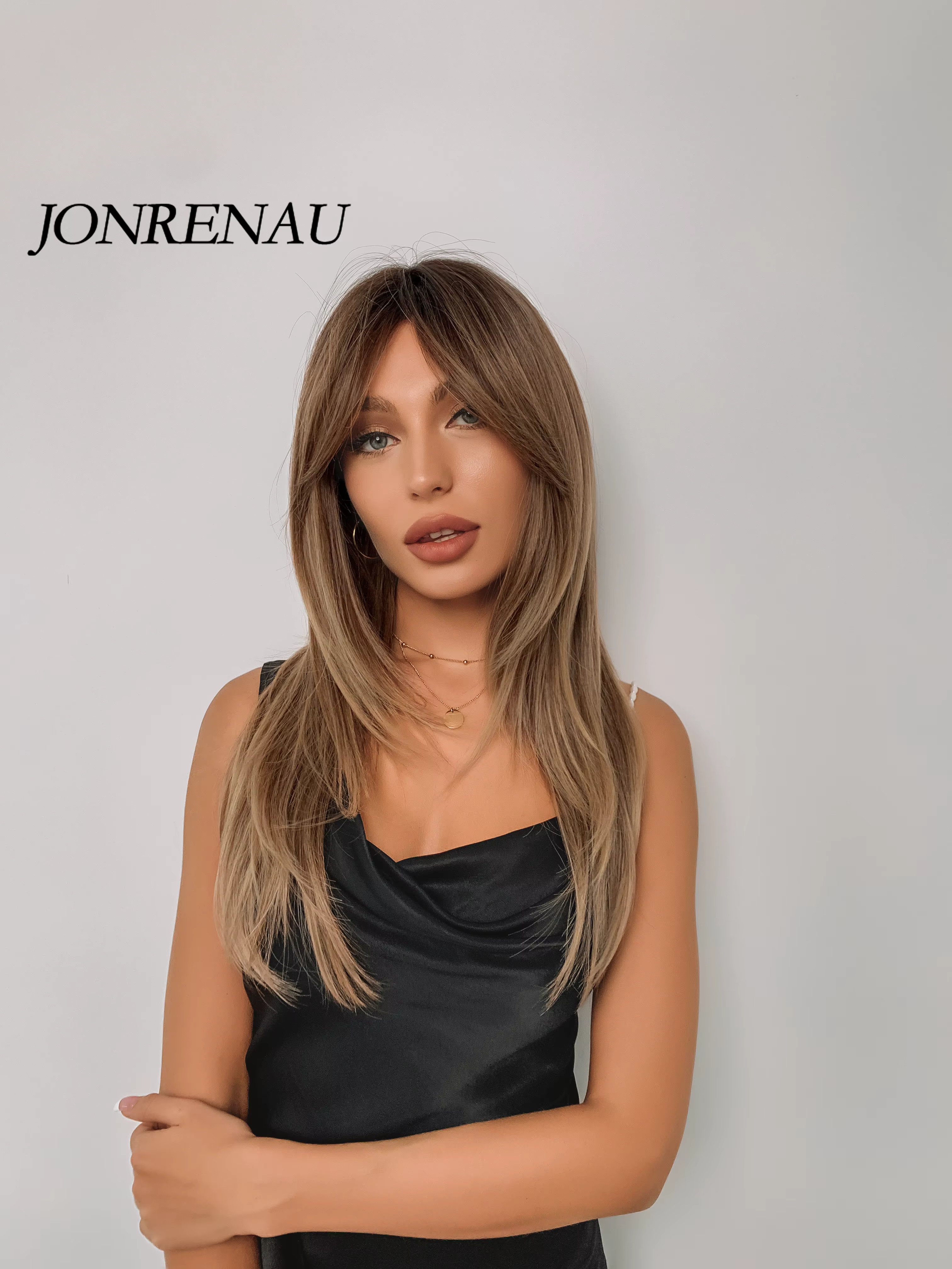 JONRENAU cheveux longs raides avec frange Ombre noir foncé brun à blond perruques synthétiques pour les femmes fête quotidien Cosplay utilisation perruque