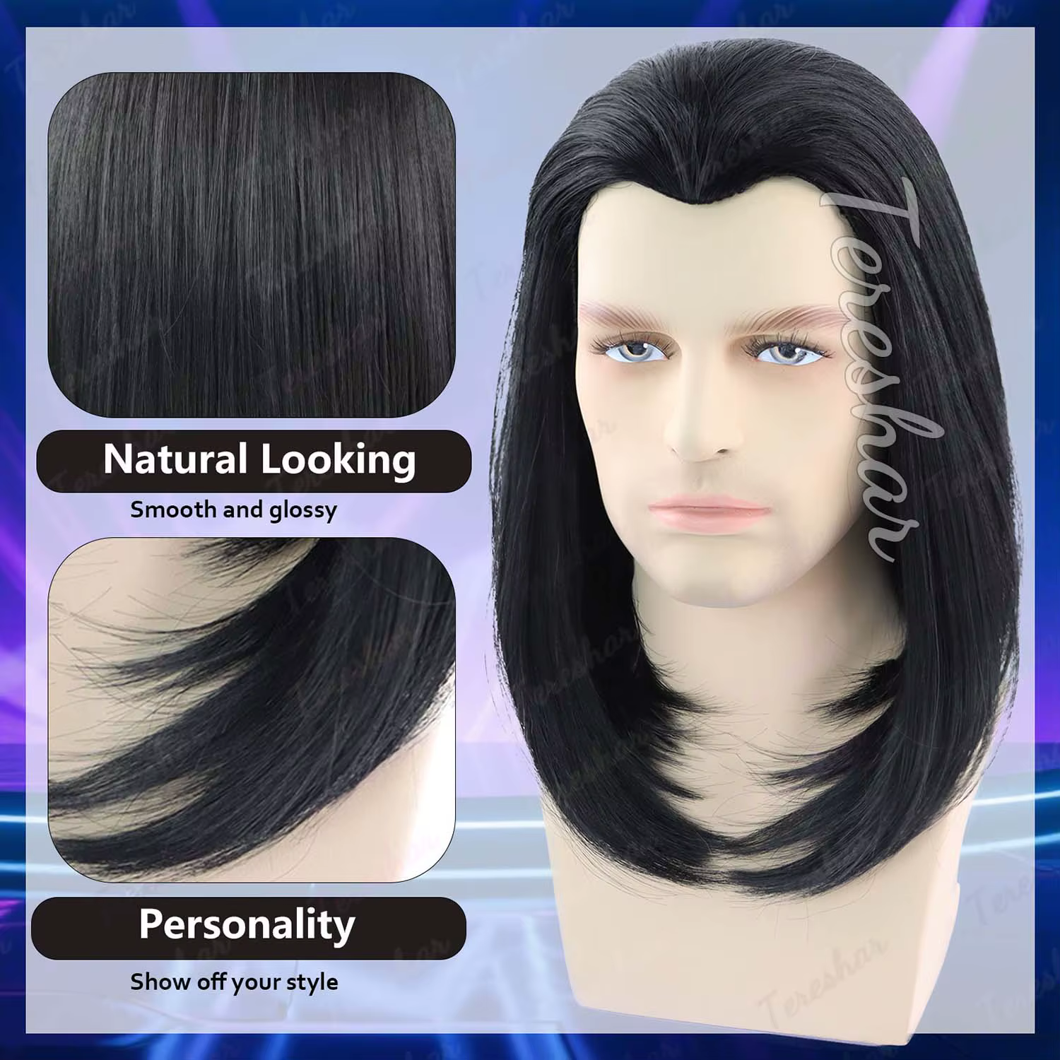 Perruque synthétique courte et lisse noire pour hommes