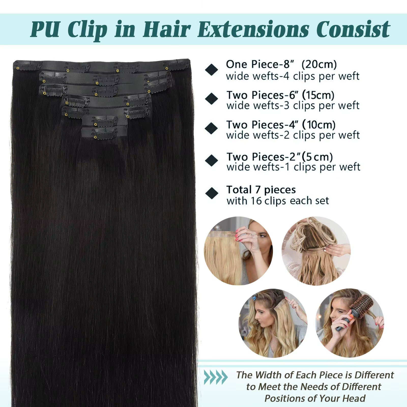 Extensions de cheveux humains à clipser en PU