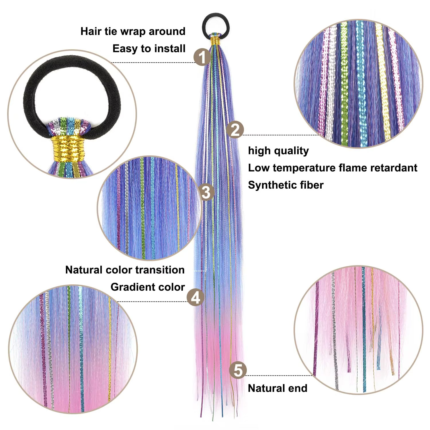 26 pouces cheveux Tinsel couleur tressé queue de cheval Extension 1/2 Pack bleu rose dégradé Extensions