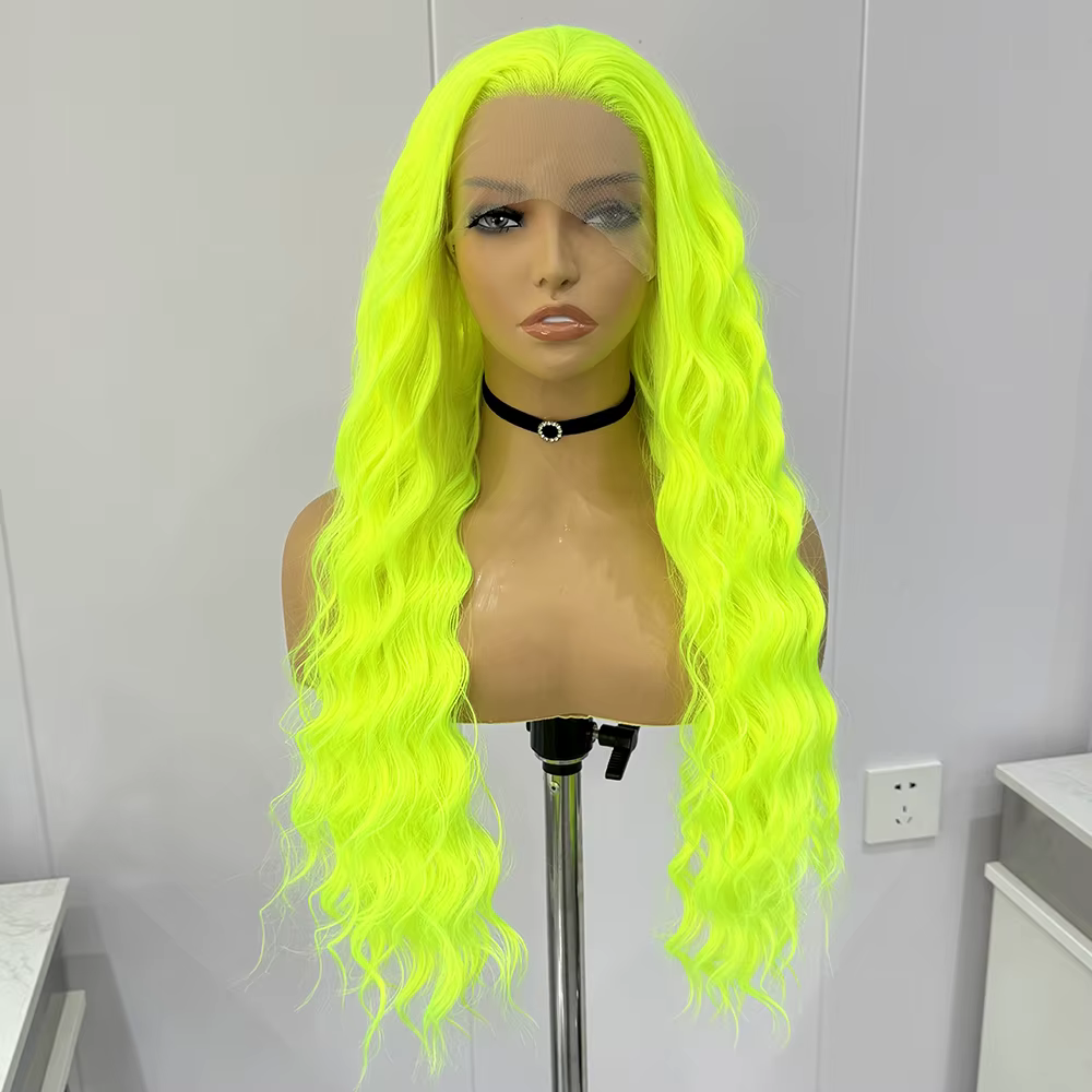 Perruque Synthétique Longue Bouclée Vert Néon pour Femme