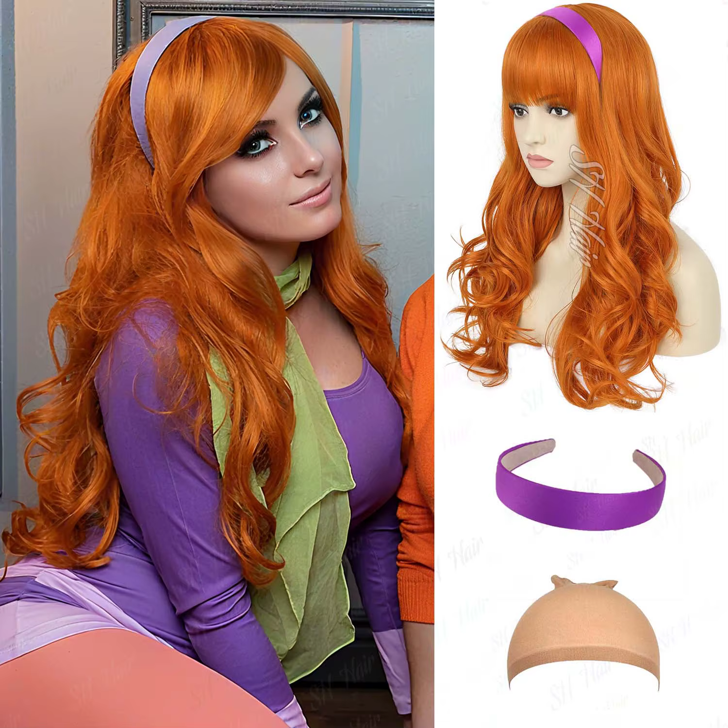 Perruque synthétique longue bouclée Orange + bandeau violet Daphné