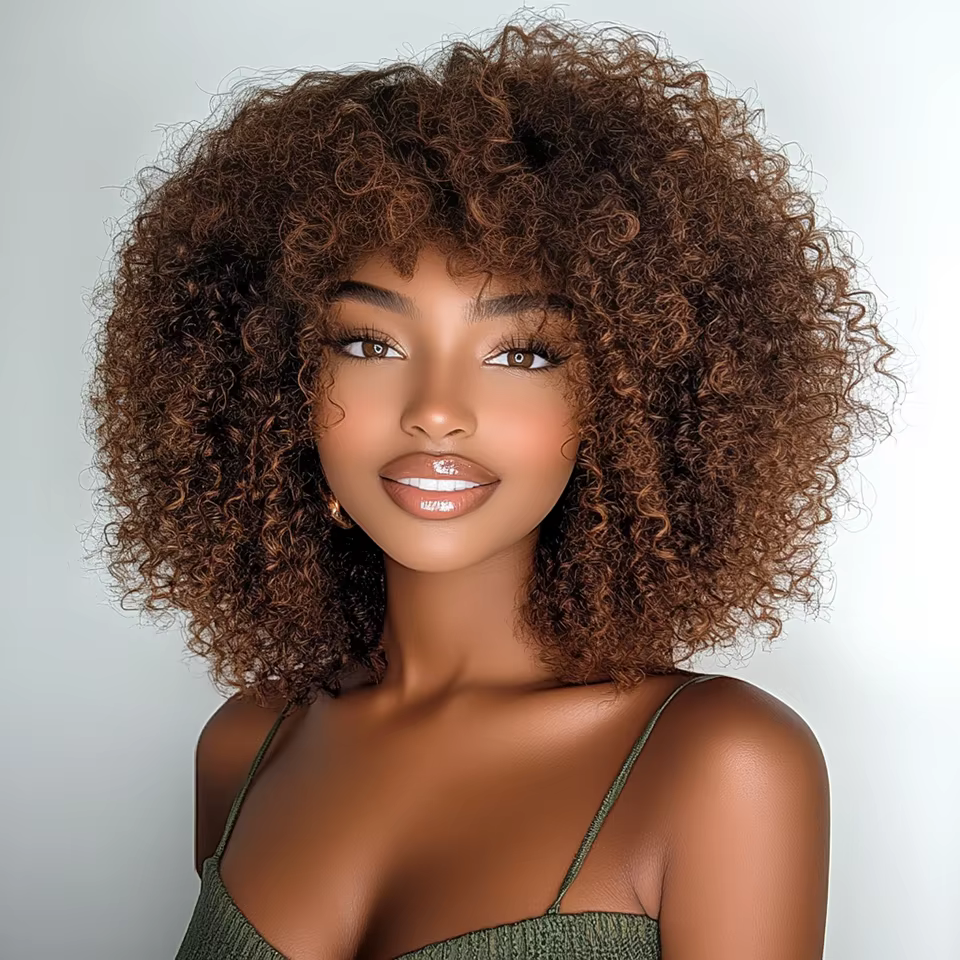 Perruques Bob Courtes Bouclées Brunes en Cheveux Humains