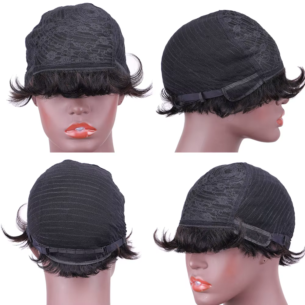 Perruque courte brune perruques de cheveux humains brun chocolat perruques courtes coupe lutin avec frange pas cher pleine Machine perruques de cheveux brésiliens en vente
