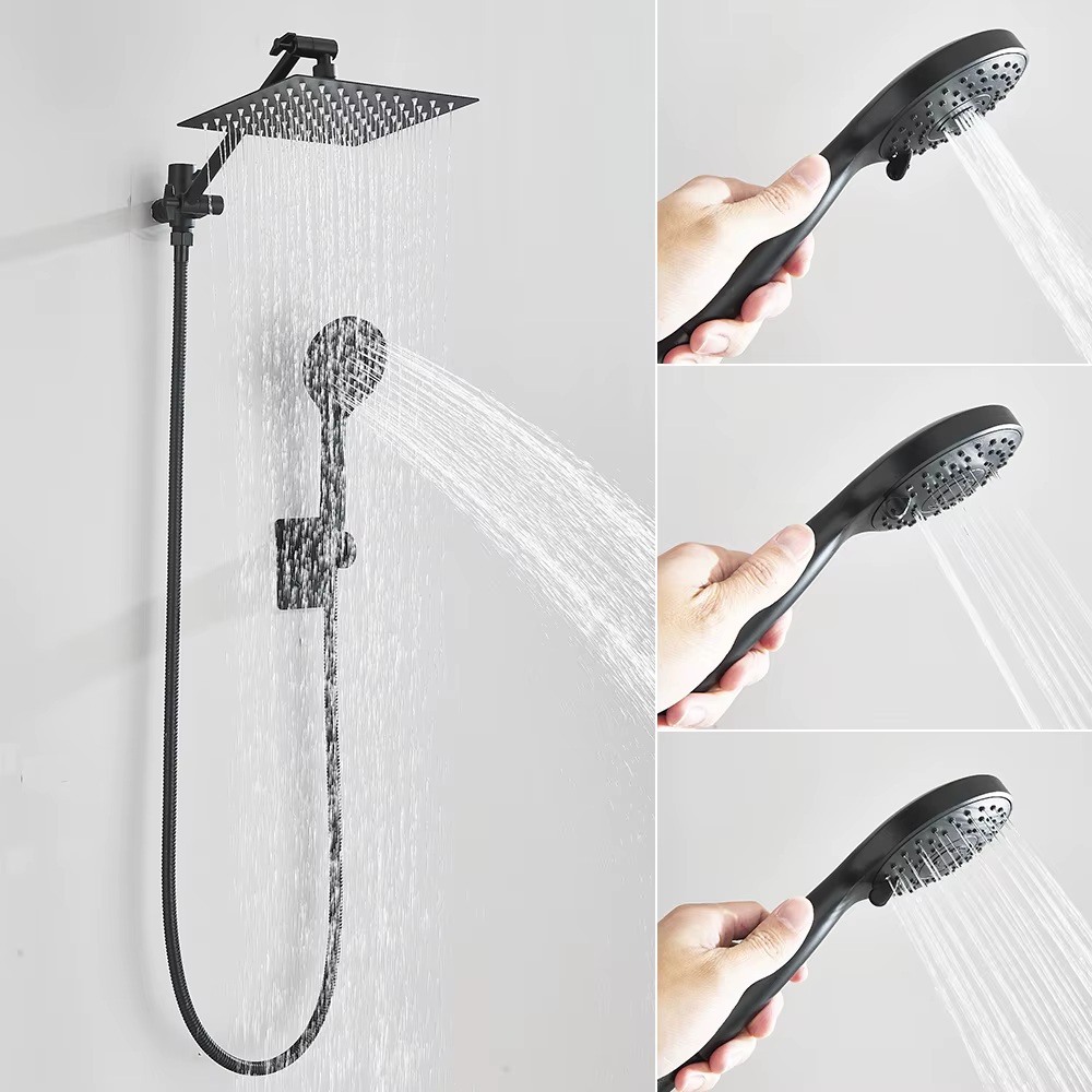 Pommeau de douche à effet pluie haute pression chromé avec douchette combinée et bras d'extension, 6 réglages, douchette réglable en hauteur/angle