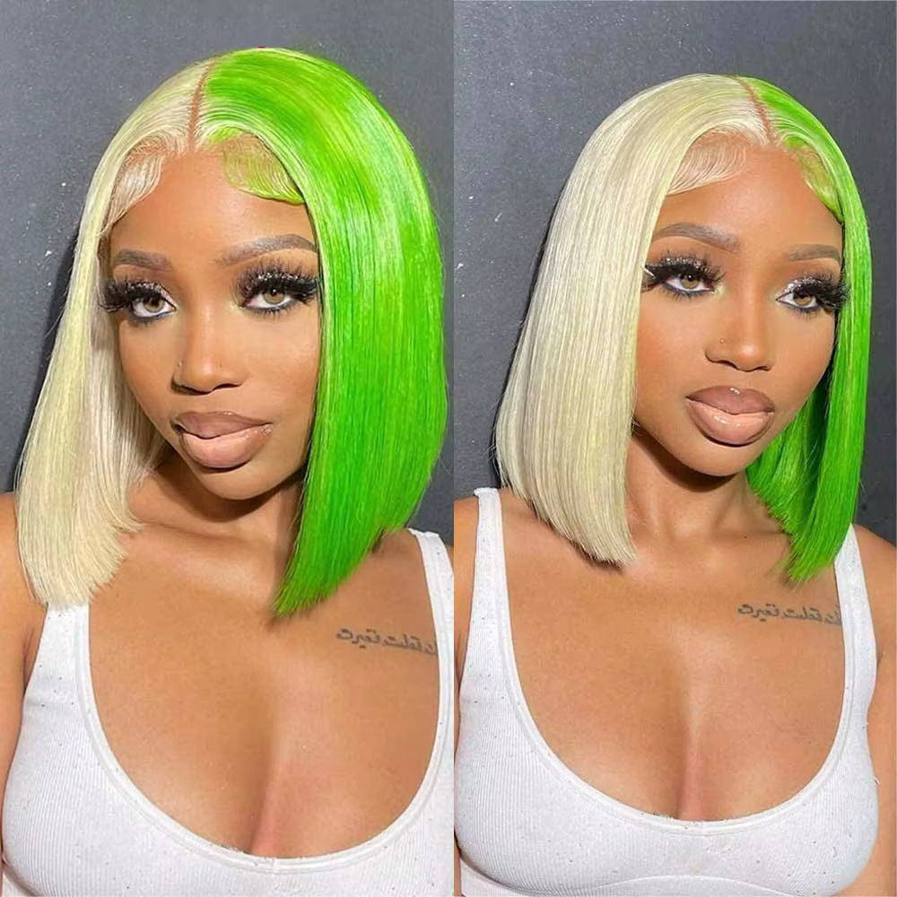 Perruque Bob Lace Front Wig 613 naturelle lisse, cheveux humains, coupe au carré, mi-vert, moitié blonde, 13x4, HD, 180%