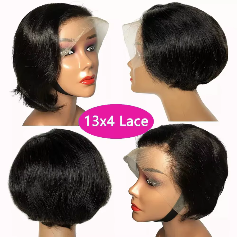 Perruque de cheveux humains coupe lutin droite dentelle transparente