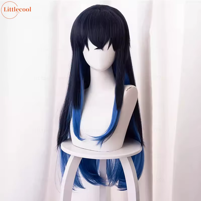 Perruque de Cosplay Hashibira Inosuke de haute qualité 70 cm longue ligne droite Ombre bleu résistant à la chaleur cheveux synthétiques Coser Anime perruques + bonnet de perruque
