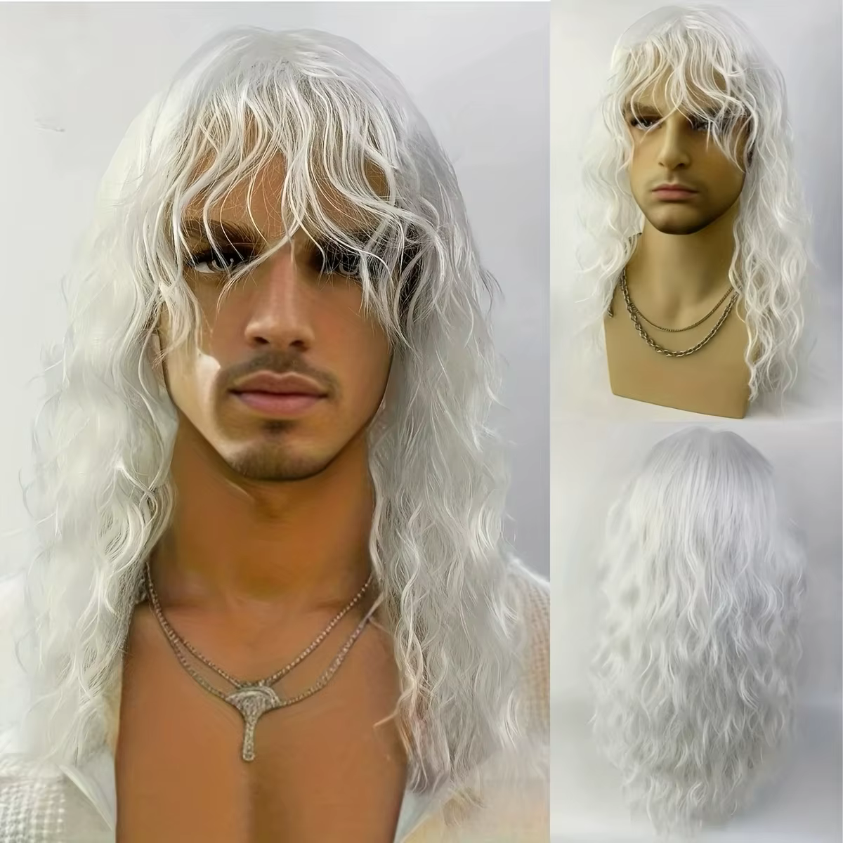 Perruque bouclée blanche pour hommes avec frange – Cheveux synthétiques ondulés naturels pour cosplay