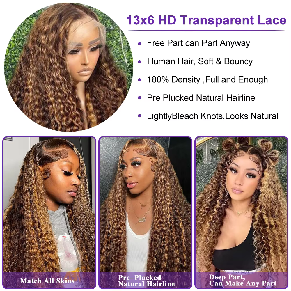 13x 6/13X4 HD dentelle frontale perruque miel blond mettre en évidence vague profonde perruques 100%