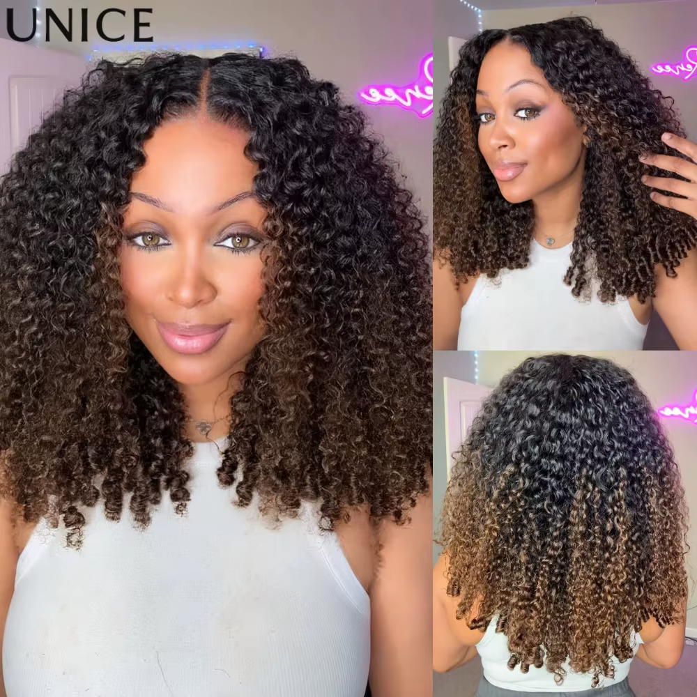 UNice cheveux châtain brun ombré crépus bouclés demi perruques avec bords 4C et cordon invisible 100%