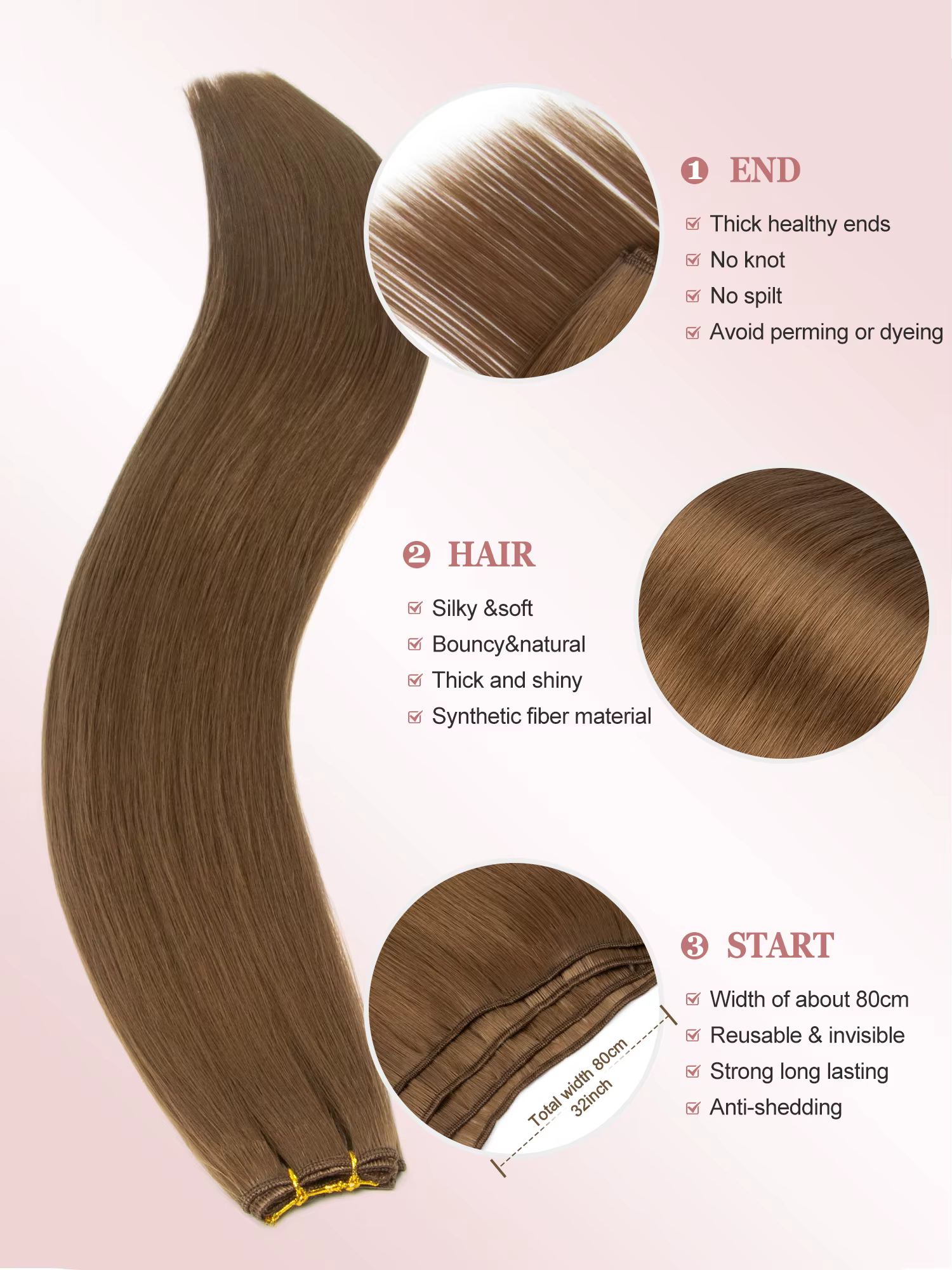 Extensions de cheveux synthétiques longues et lisses à coudre