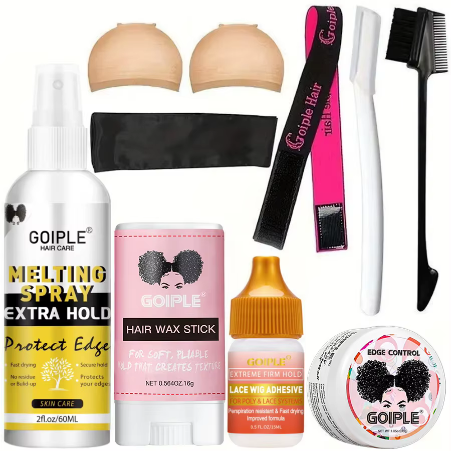 GOIPLE Colle adhésive imperméable pour perruque, spray de fixation extra forte, avec bâton de cire capillaire et gel de contrôle des bords, kit d'installation de perruque