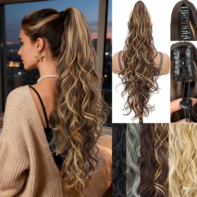 Perruque queue de cheval synthétique pour femmes, longue et bouclée, avec cordon de serrage, Extensions capillaires à clipser pour ajouter du Volume et du Style