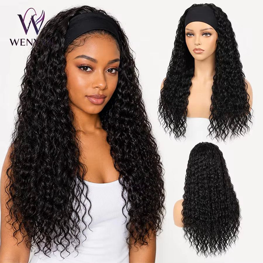 Perruque à bandeau longue de 24 pouces, bouclée et profonde, noire, synthétique, résistante à la chaleur, pour femmes, usage quotidien