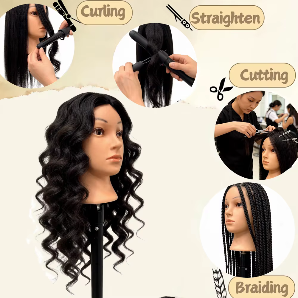 Tête de mannequin de 20 pouces en cheveux naturels pour la formation en salon de coiffure