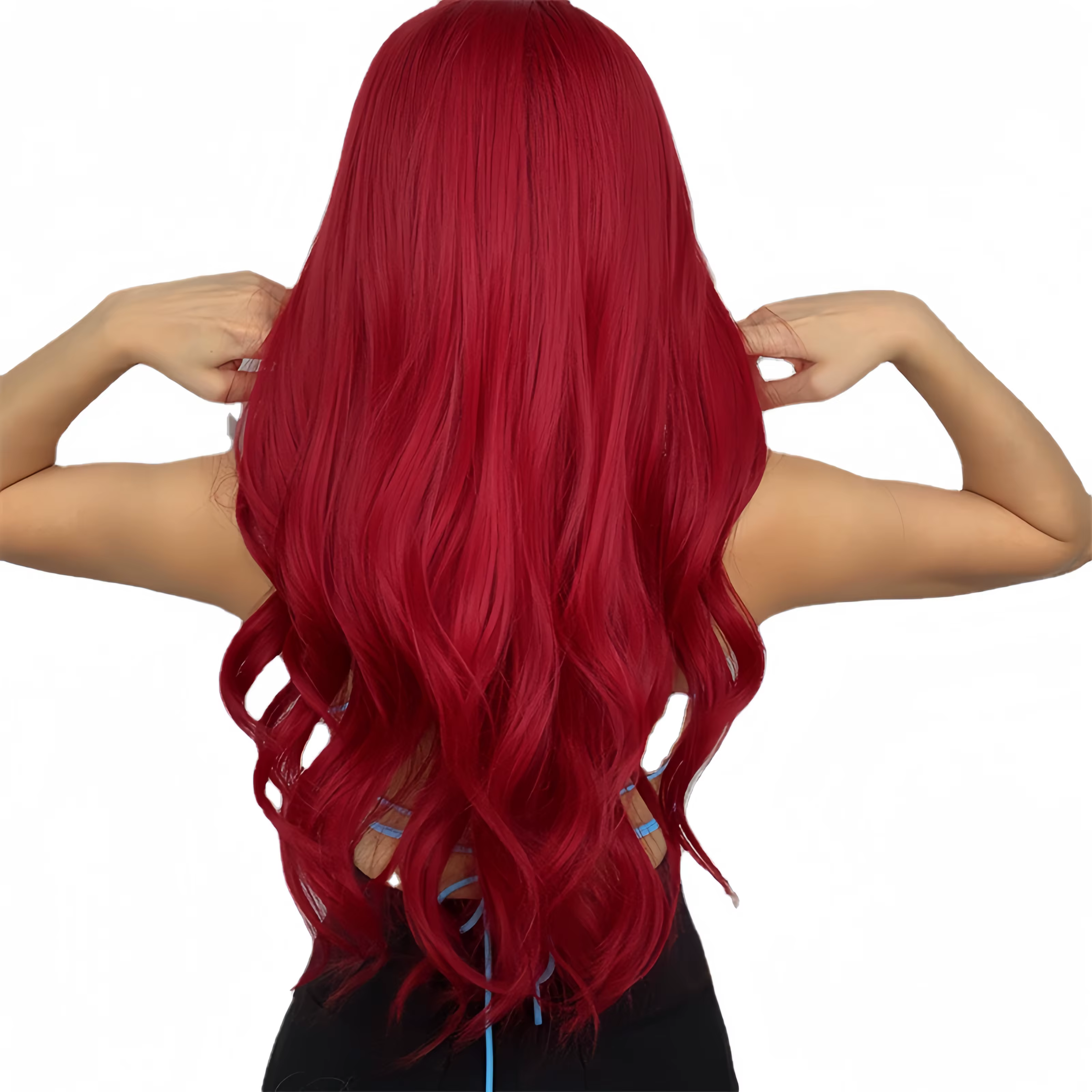 Perruque synthétique rouge avec partie centrale et cheveux longs ondulés. Convient aux fêtes quotidiennes et aux temps