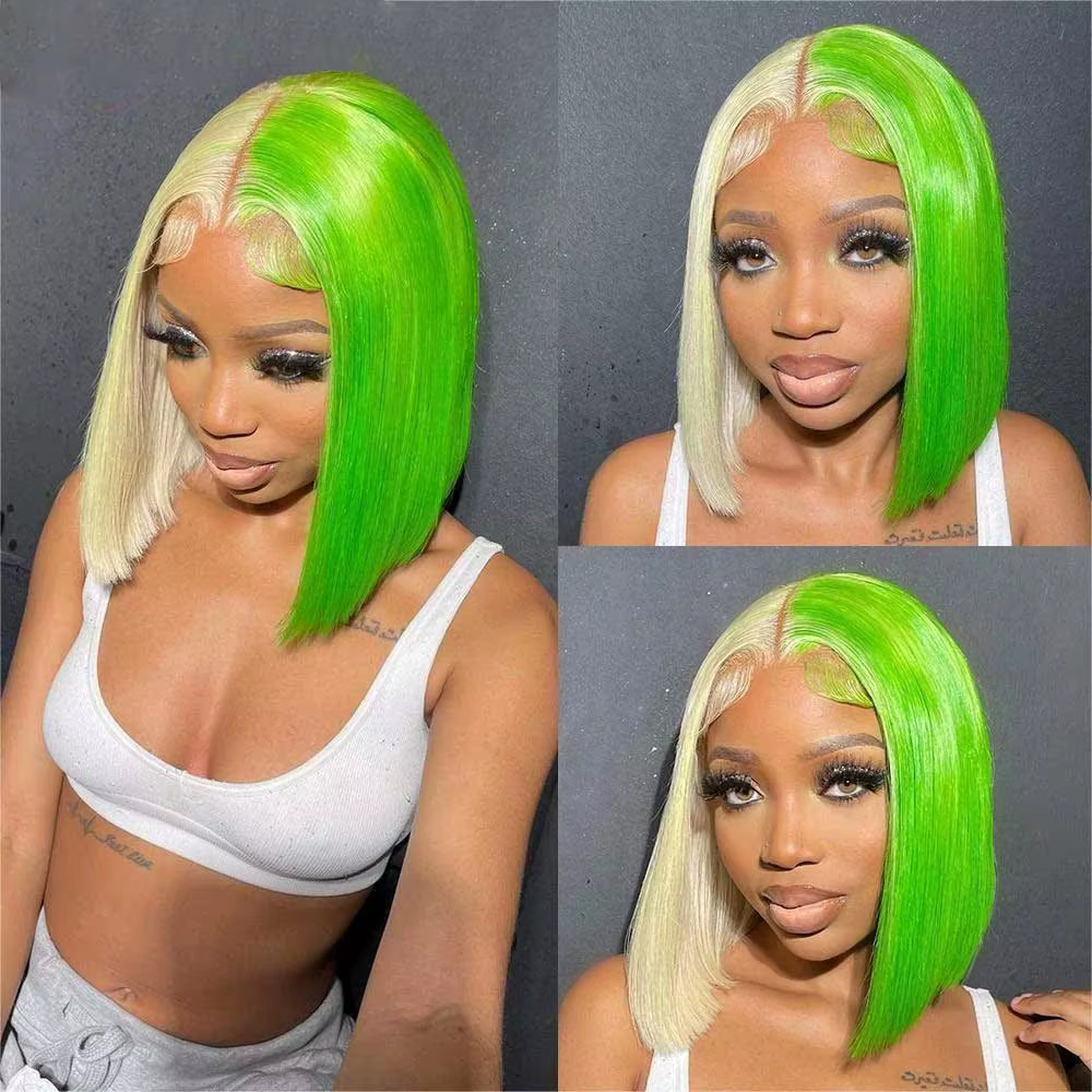 Perruque Bob Lace Front Wig 613 naturelle lisse, cheveux humains, coupe au carré, mi-vert, moitié blonde, 13x4, HD, 180%