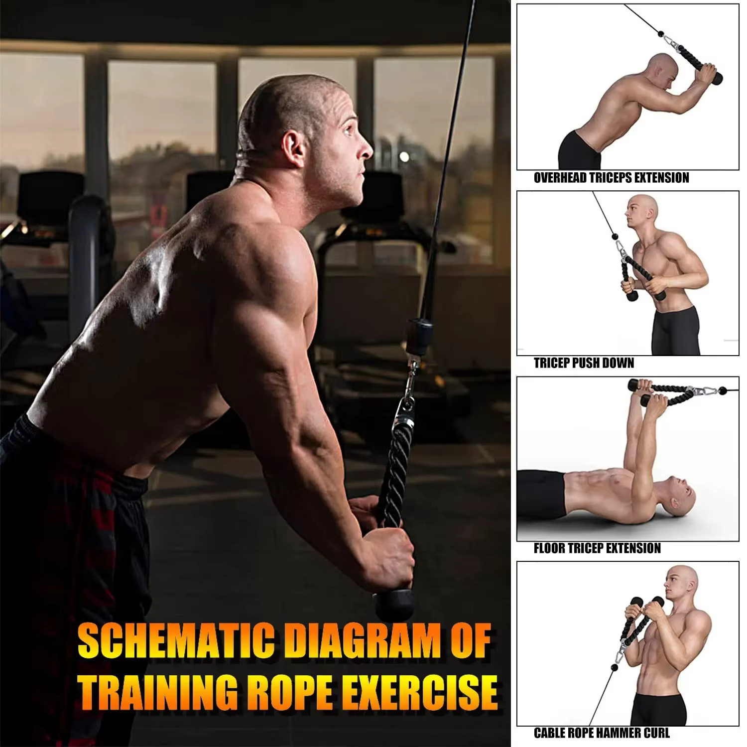 Triceps Rib Down Rope Fitness, Home Gym Pulldown Machine, Poignée, Biceps, Triceps Back Initiated Muscle Exerciser, 70 cm, 90 cm, 120 cm, 140cm