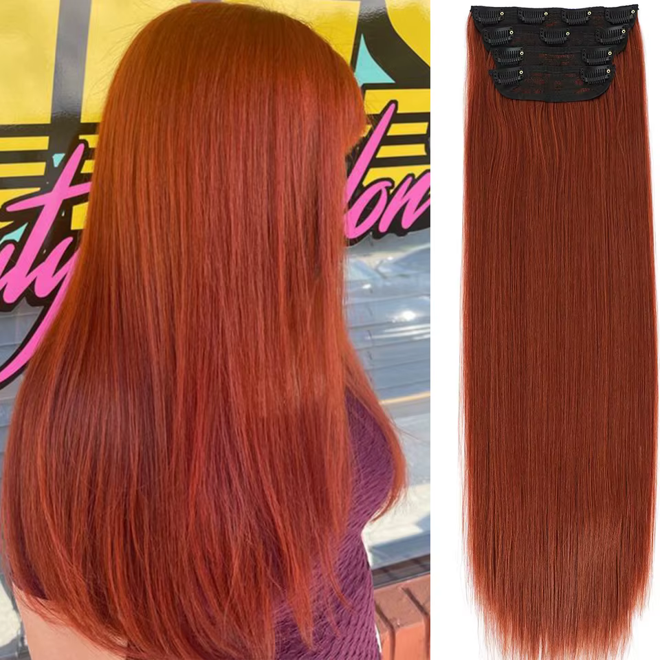 Extensions de cheveux lisses blondes orange de 24 pouces avec clips, ombré marron6 #   Highlight P27/613 #   4 pièces/paquet de cheveux synthétiques résistants à la chaleur