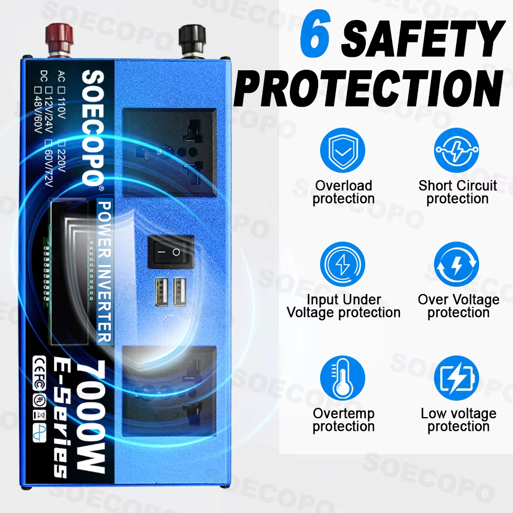 Convertisseur de tension double 7000W-10000W DC 12/24V 48/60V 60/72V vers AC 220V 50Hz avec port USB pour camping-car, camping, camion, extérieur