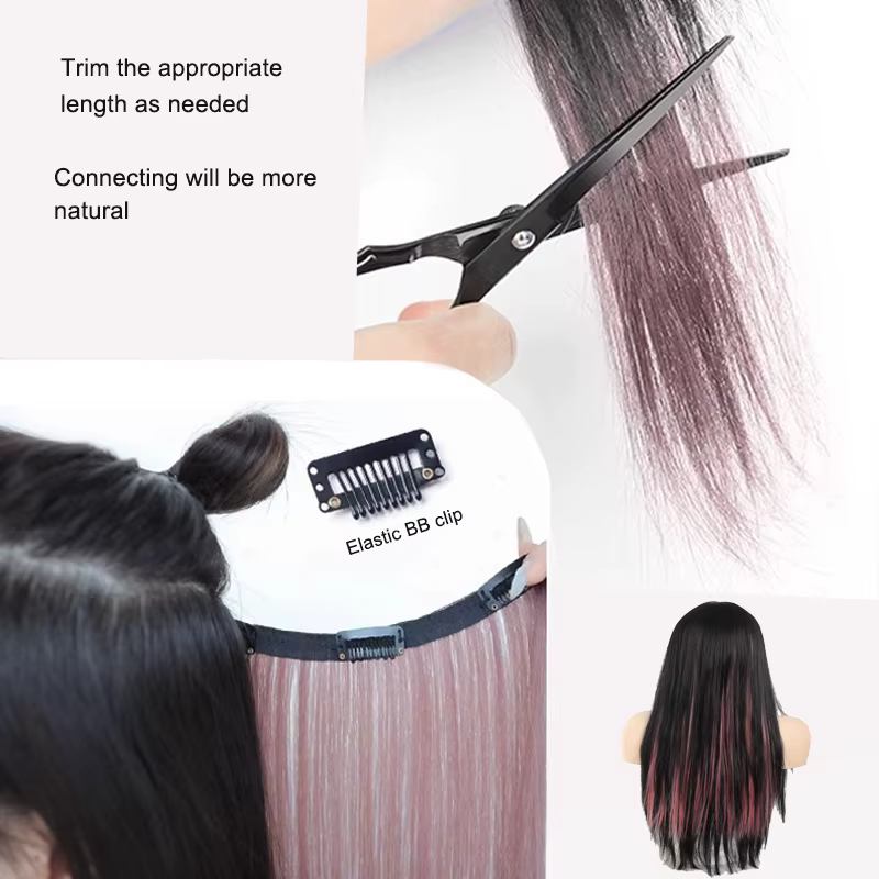 Extensions de cheveux colorées à clipser - Avec cinq clips / Postiche long et lisse en fibre synthétique résistante à la chaleur pour fille