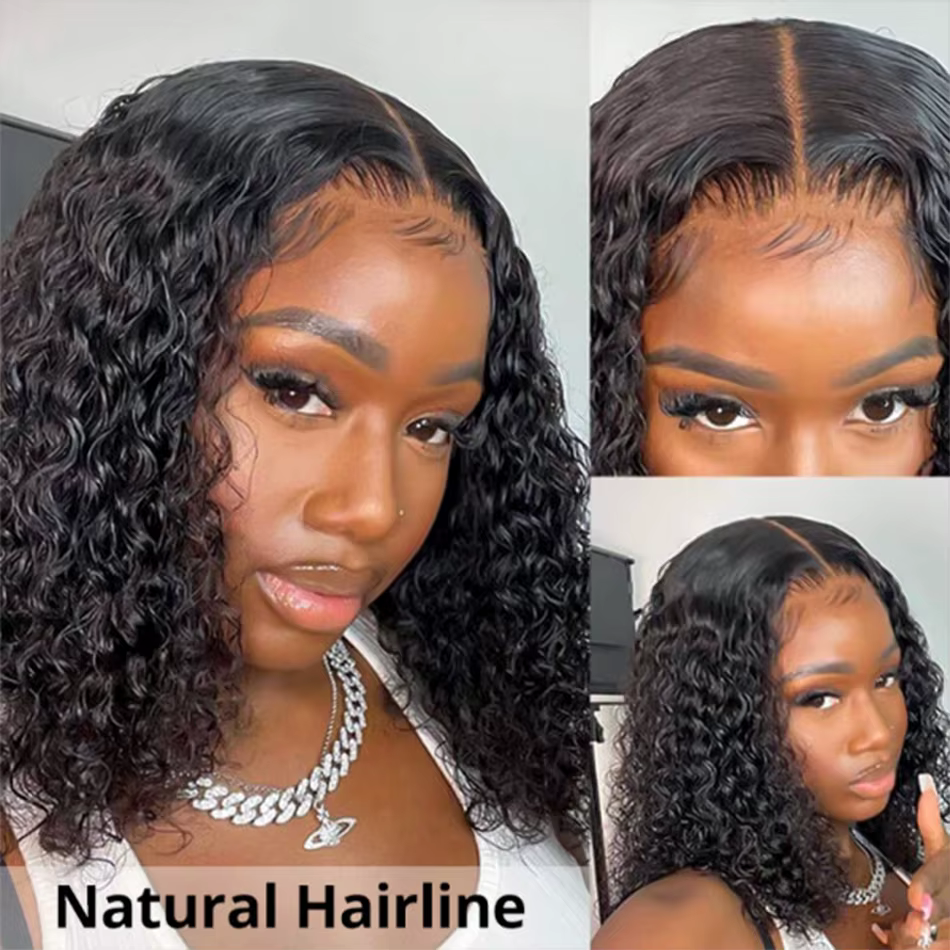 Perruques sans colle 100% cheveux humains prêts à porter crépus bouclés courts Bob