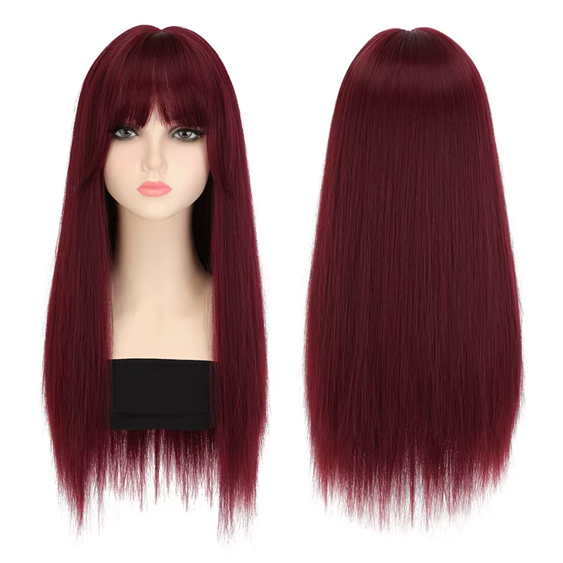 Perruque synthétique couleur vin rouge avec cheveux longs et raides pour Halloween