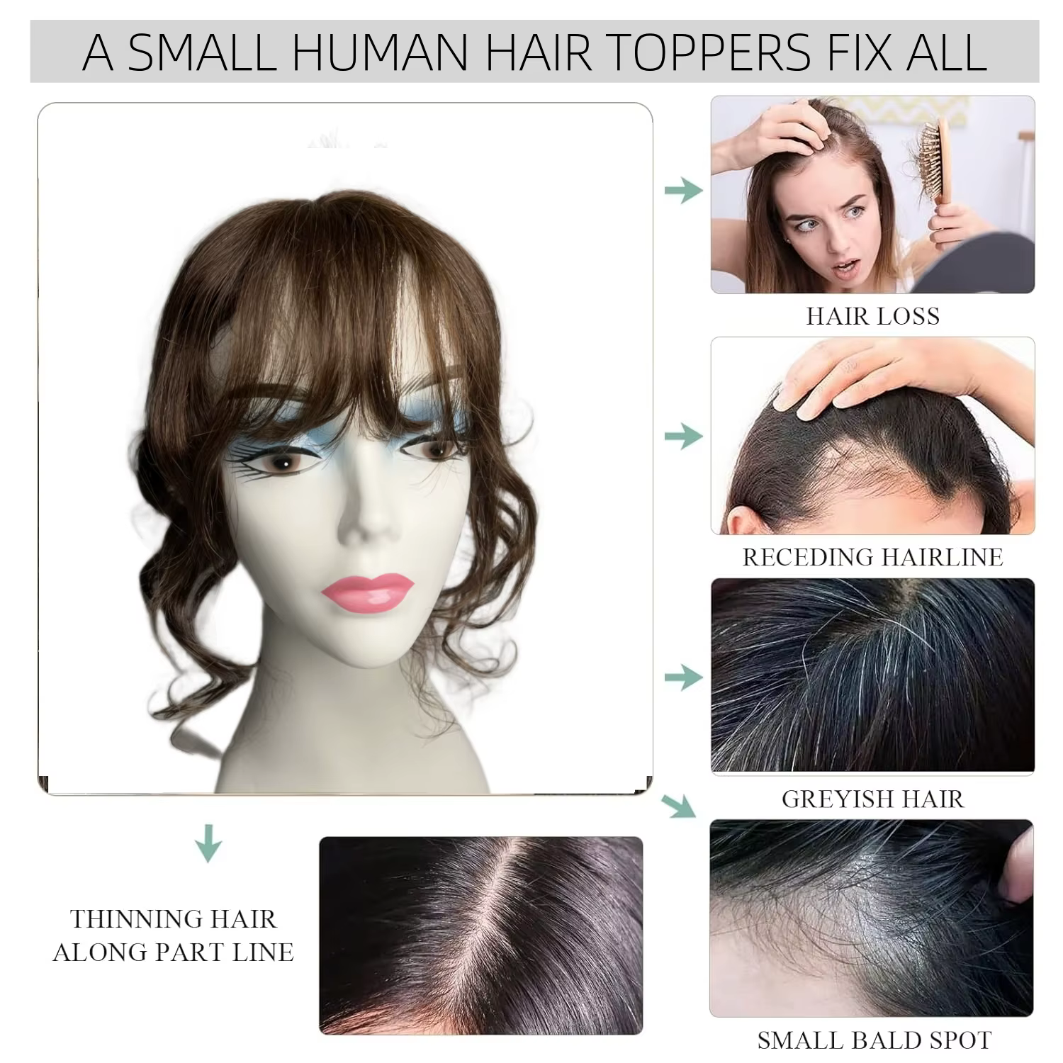 35 cm corps ondulé cheveux humains Toppers pour les femmes avec frange bouclés Topper Clip-in Extension