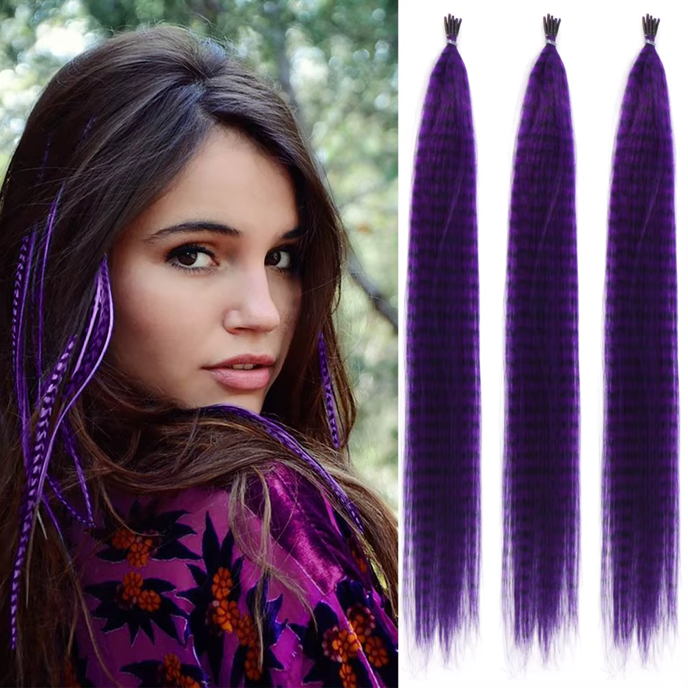 Extensions de cheveux synthétiques colorées à rayures en plumes