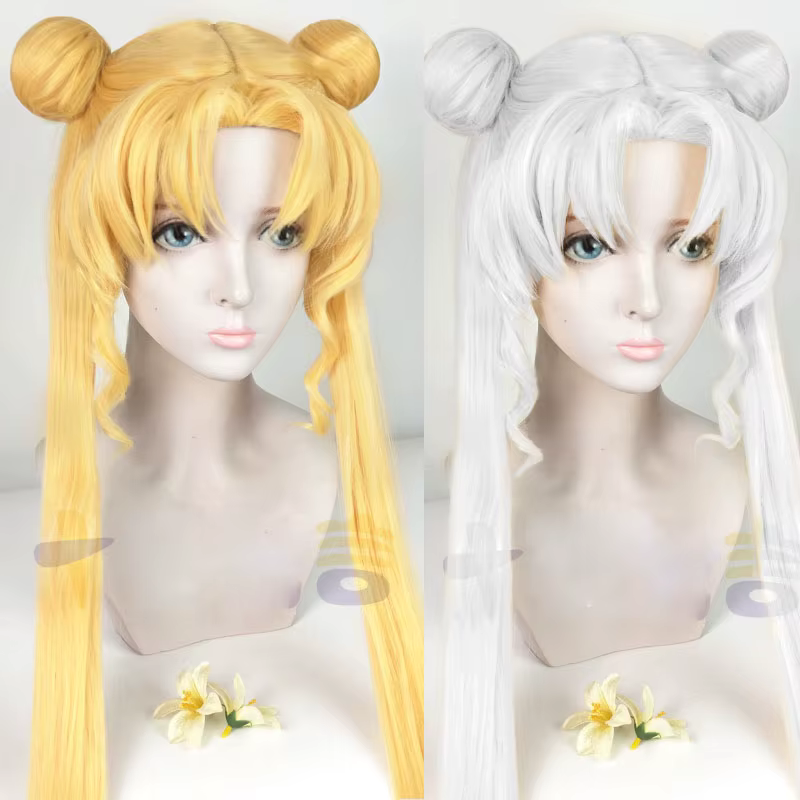 Serena Tsukino Usagi Cosplay perruque Annie 130 cm blond argent Double longue queue de cheval résistant à la chaleur