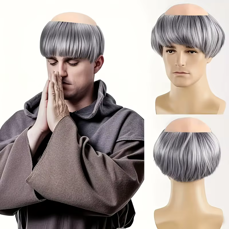 Perruque synthétique moine rasée avec tresses brunes et argentées