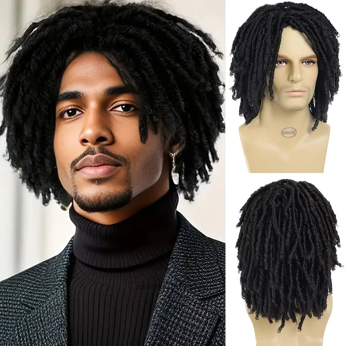 Cheveux synthétiques DreadLock perruque pour hommes perruques tressées Jet noir homme Afro Bob