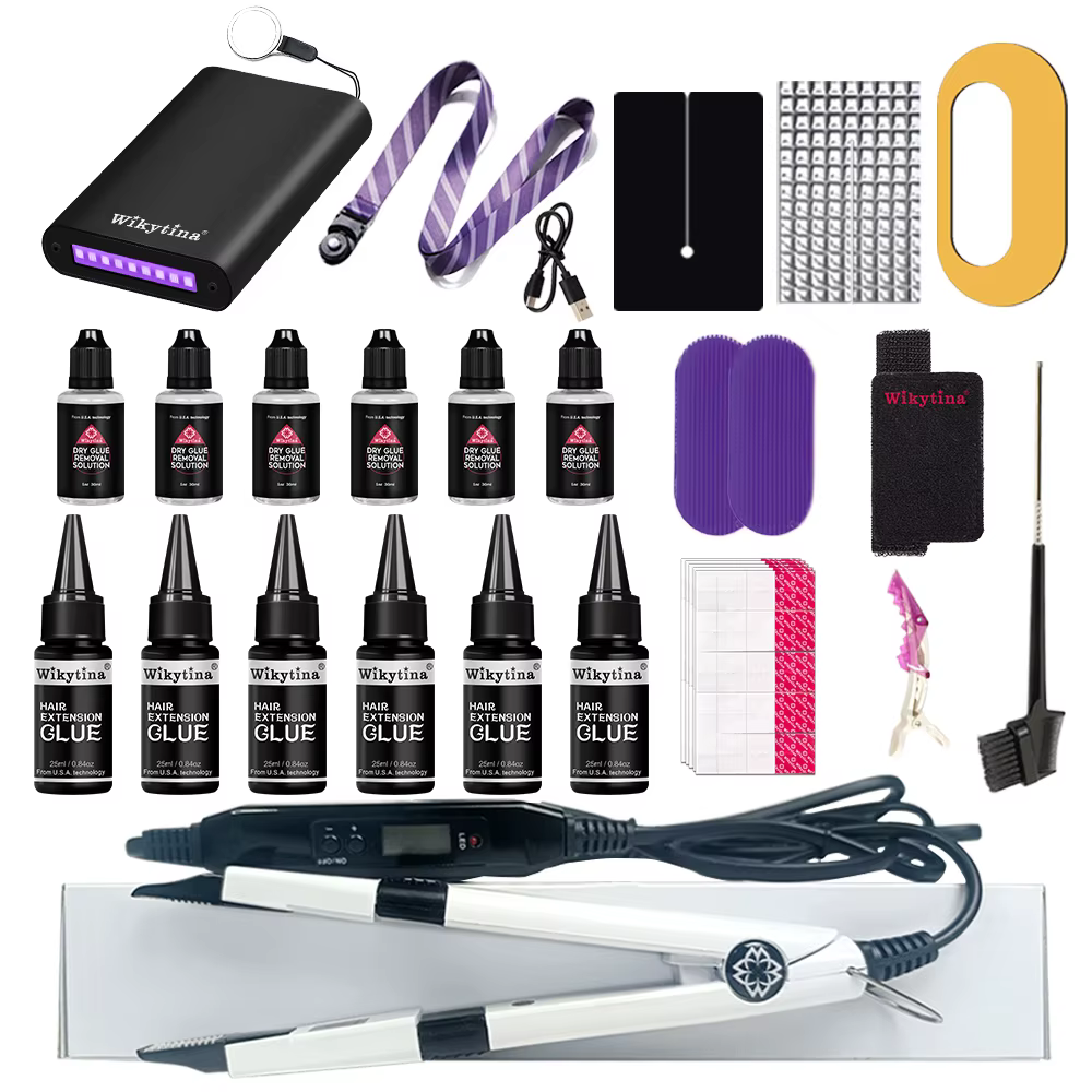 Kit professionnel d'extensions de cheveux à lumière UV avec outils de pose