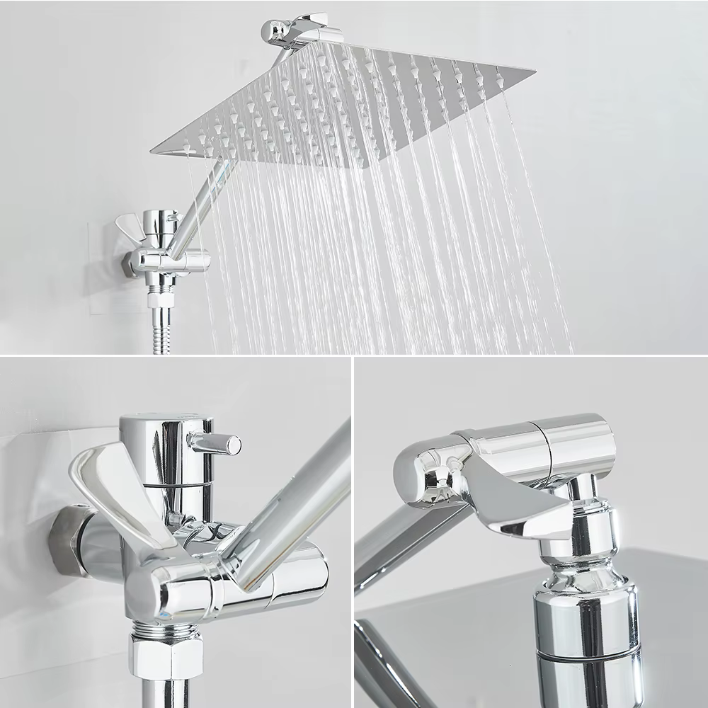 Pommeau de douche à effet pluie haute pression chromé avec douchette combinée et bras d'extension, 6 réglages, douchette réglable en hauteur/angle