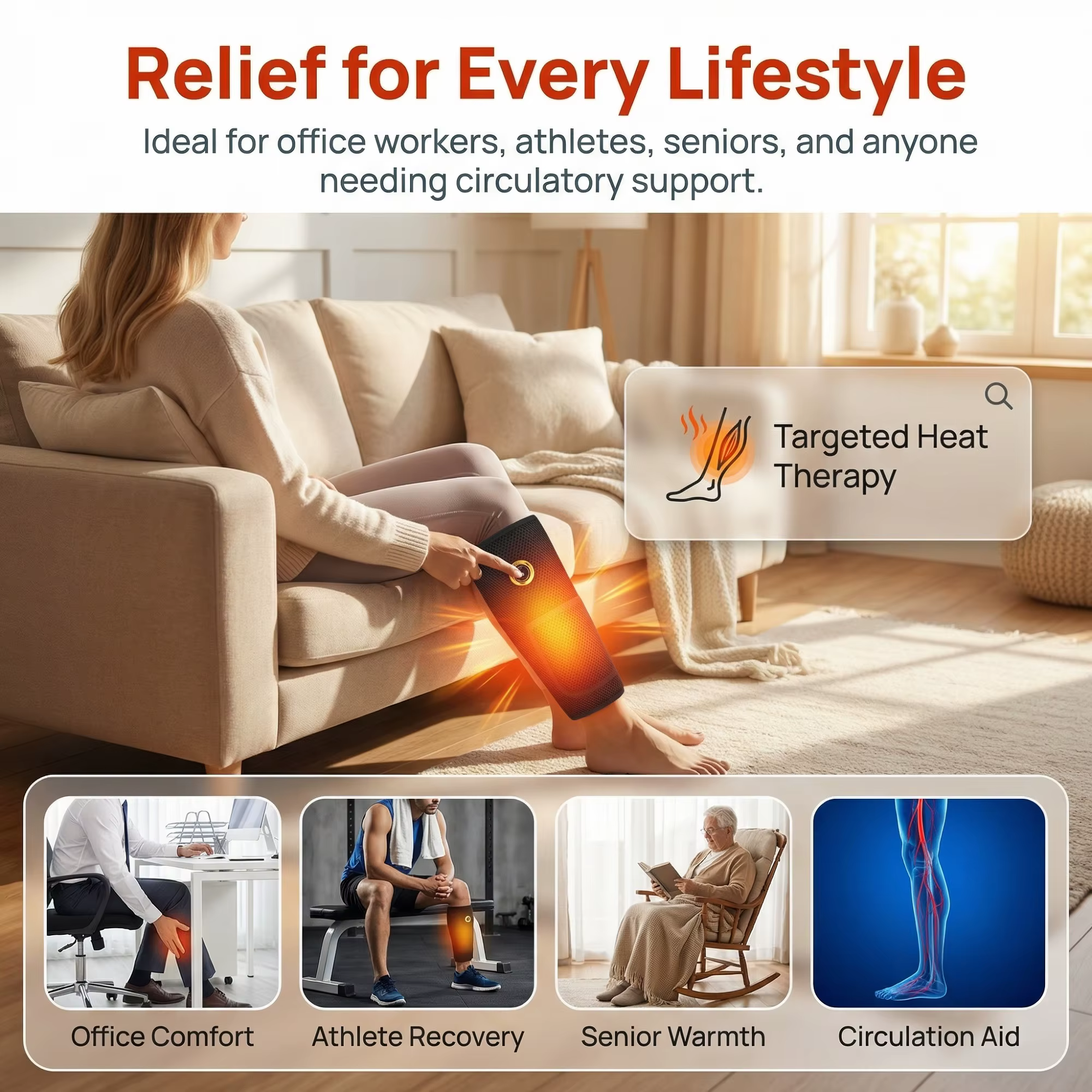 Masseur électrique pour mollets avec fonction chauffante et pétrissante pour la circulation sanguine, la relaxation musculaire et contrôle de la température programmable.